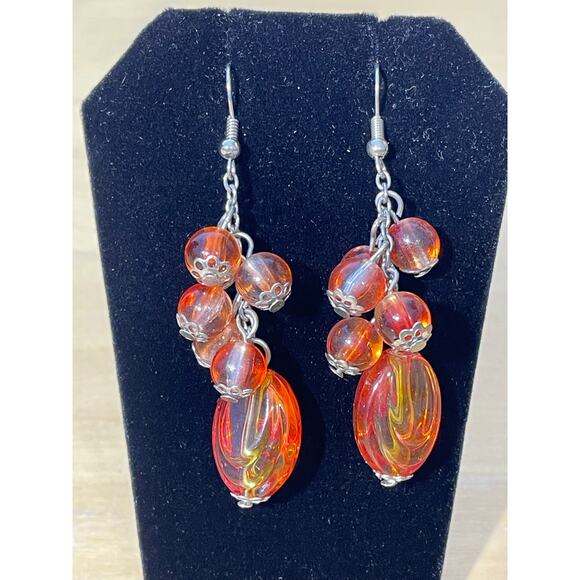 Red Copper Art Glass Beaded Pendant Necklace & Dangle Earring Set - Picture 4 of 8